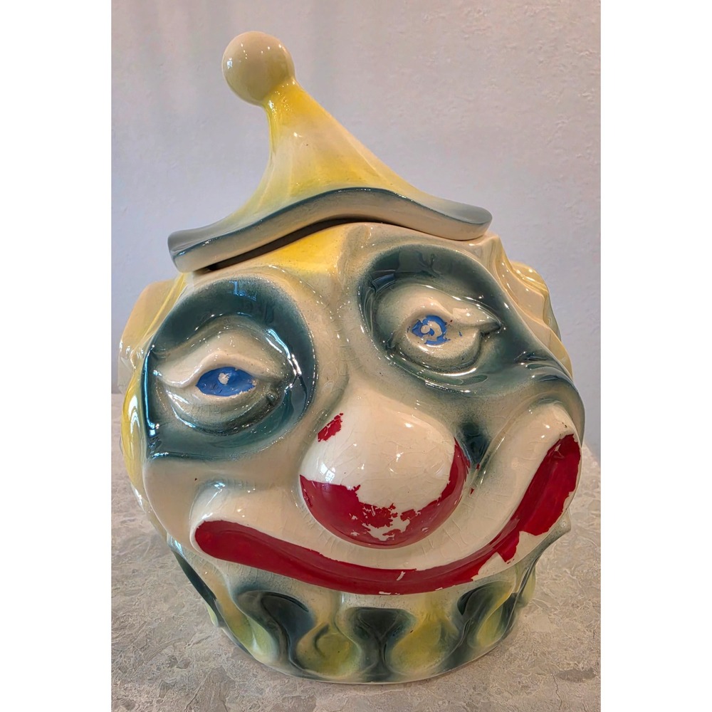 Vintage McCoy Pottery Clown Head Cookie Jar 265 USA Yellow Teal Ceramic 10 inch